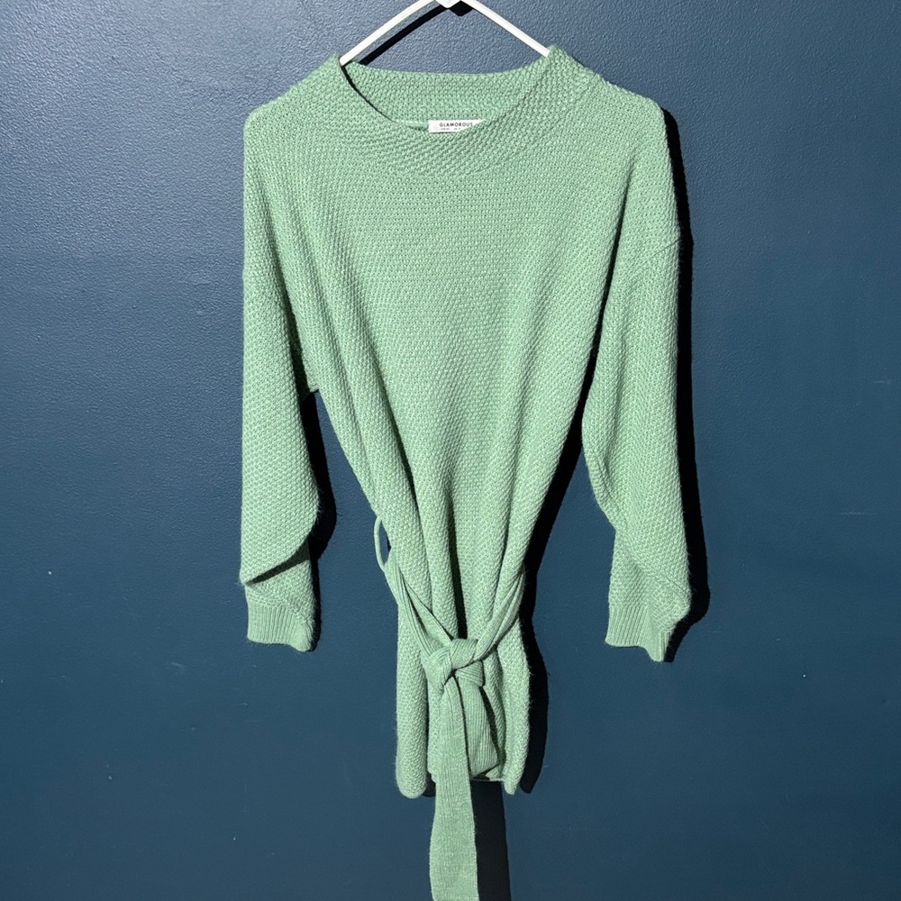 Loose Fit Knit Sage Sweater Mini Dress Waist Long Lantern Sleeves